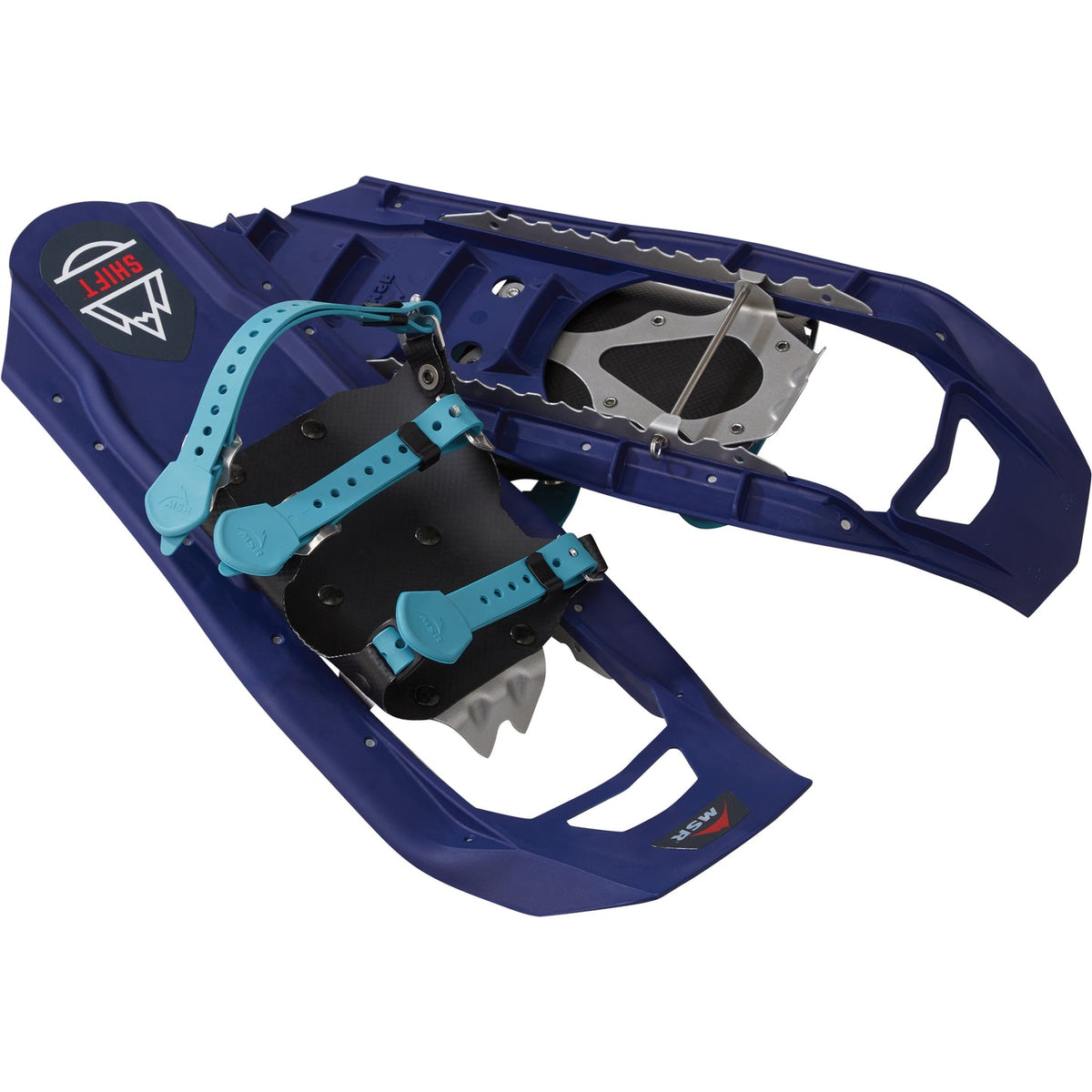 MSR Shift 19 inch youth snowshoe in Tron Blue, angled view