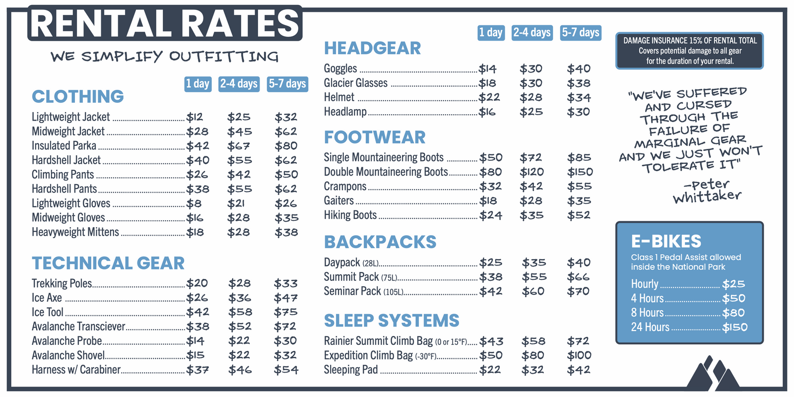 Whittaker Mountaineering rental price menu