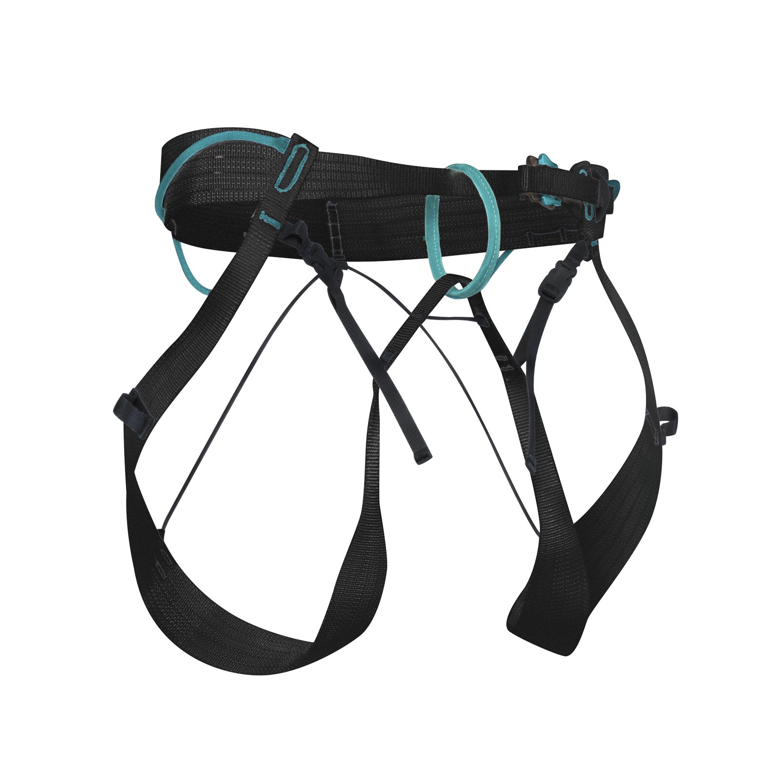 Black climbing harness with teal accents on a white background